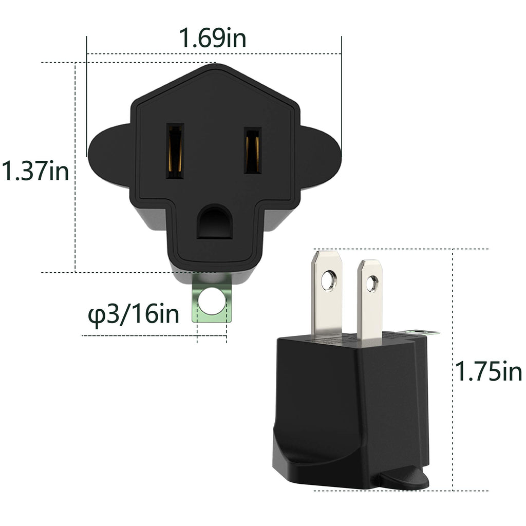 JACKYLED 3 Prong to 2 Prong Grounding Adapter Wall Outlet Converter, 2 Prong Power Adapter Fireproof Material 392℉ Resistant Heavy Duty for Household, Electrical, Indoor Use Only, Black, 10 Pack