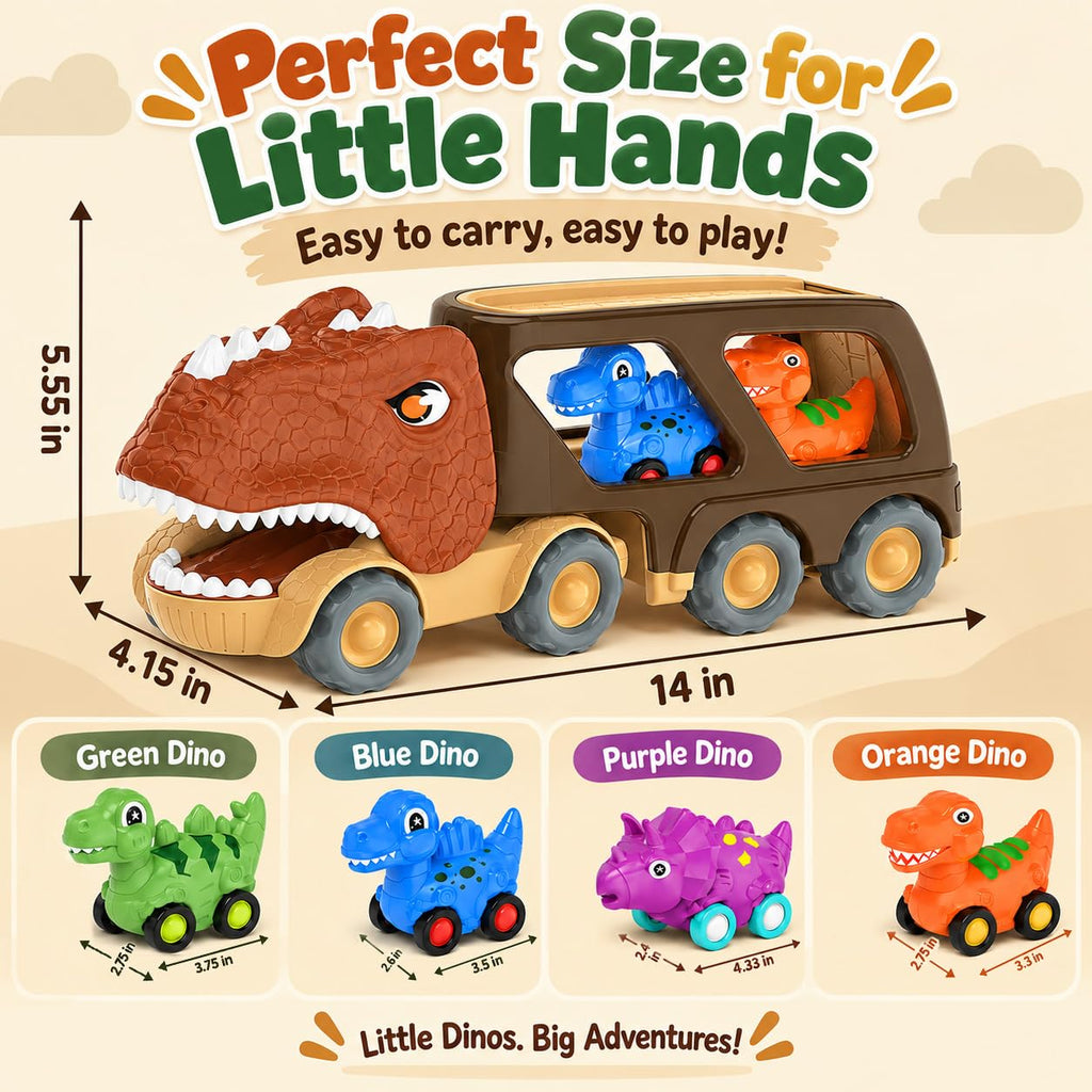 Veslier Dinosaur Car Toy for 2 3 4 5 Years Old Boys, Friction Power Carrier Truck with 4 Pack Small Pull Back Dino Car, Christmas Birthday Gift for 18+ Months Boy Girl Kids Toddlers