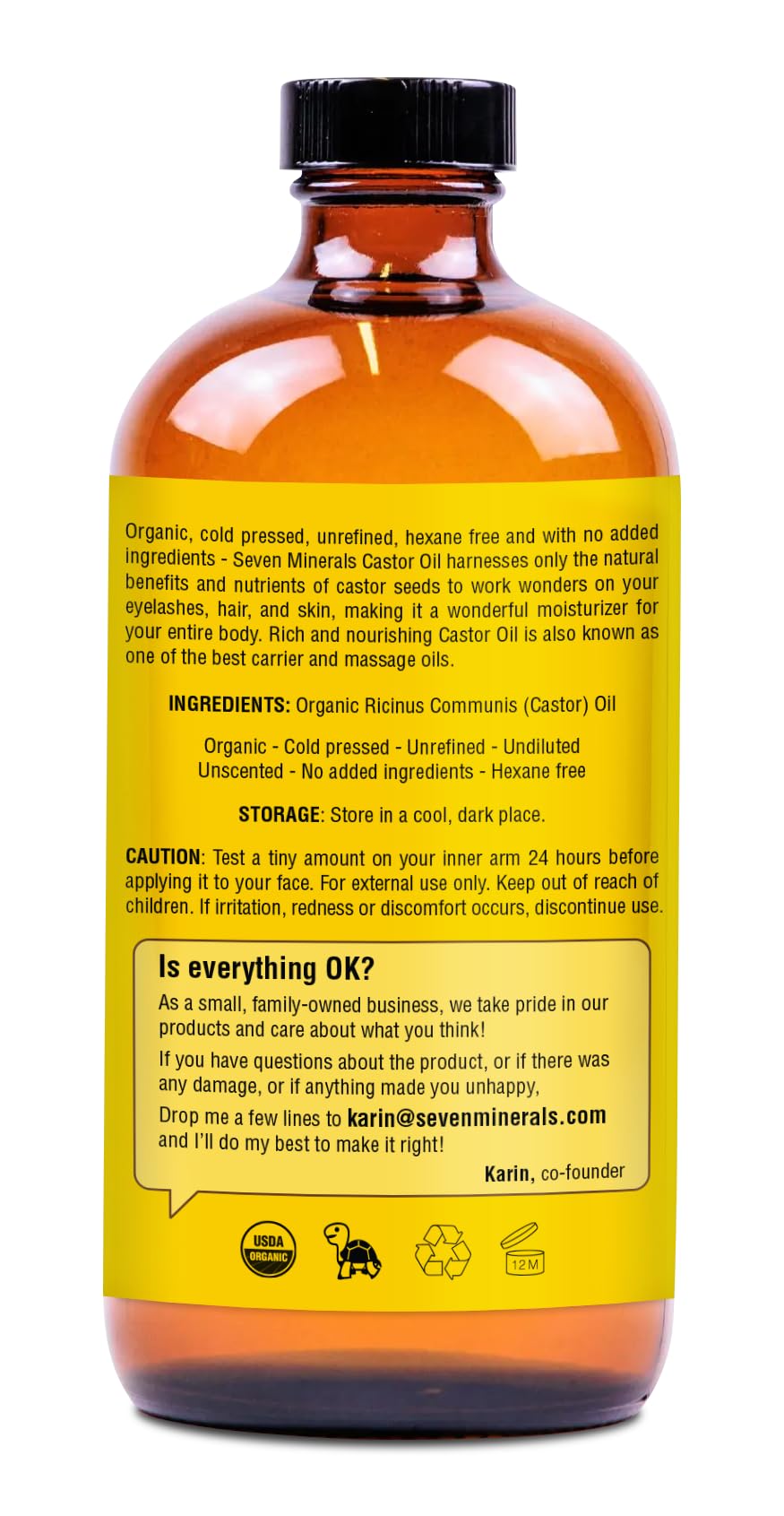 Seven Minerals USDA Organic Castor Oil - Big 16 oz Glass Bottle with Pump - 100% Pure Cold Pressed Unrefined Hexane Free - for Hair Growth, Eyelashes, Eyebrows, Skin, Cuticles & Caster Oil Packs