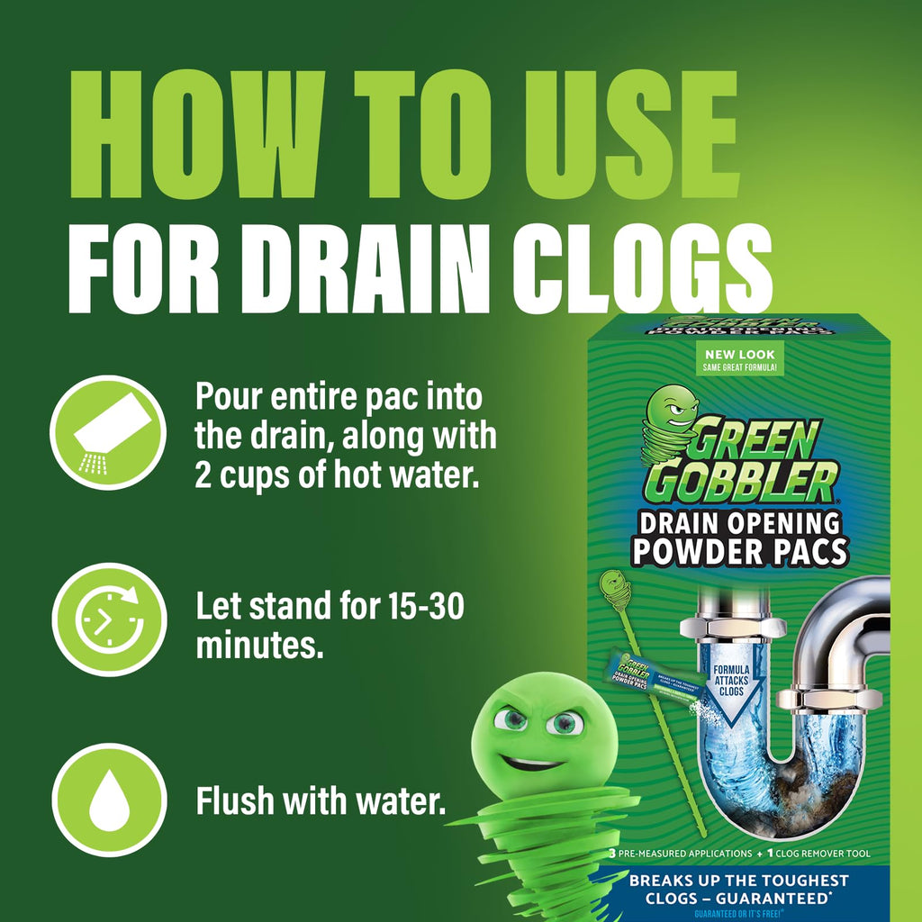 Green Gobbler Drain Clog Remover & Drain Cleaner Powder (5 Pacs & 5 Tools)