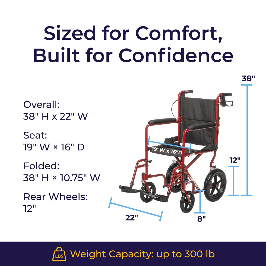Drive Medical Lightweight Expedition Folding Transport Wheelchair - Ultra Lightweight Mobility Support for Seniors & Adults - Strong Aluminum Frame - Hand Brakes - Compact Folding Travel Chair - Red