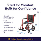Drive Medical Lightweight Expedition Folding Transport Wheelchair - Ultra Lightweight Mobility Support for Seniors & Adults - Strong Aluminum Frame - Hand Brakes - Compact Folding Travel Chair - Red
