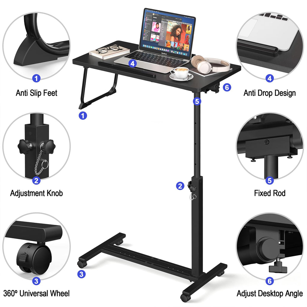Eocnrhe Adjustable Overbed Bedside Table, Hospital Bed Table with Wheels, Portable Rolling Desk, Mobile Small Standing Desk, Rolling Laptop Stand, Computer Cart