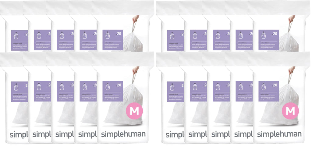 simplehuman Code M, Dispenser Pack Custom Fit Liners, Drawstring Trash Bags, 45 Liter / 11.9 Gallon, White, 200 Count (Pack of 2)