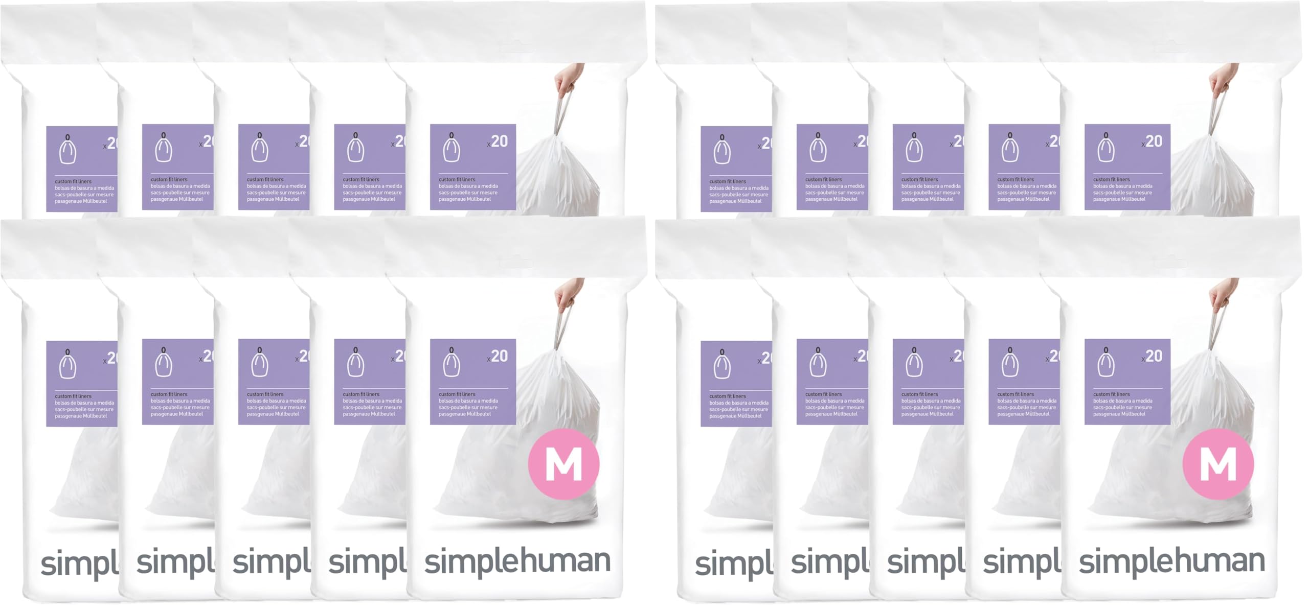 simplehuman Code M, Dispenser Pack Custom Fit Liners, Drawstring Trash Bags, 45 Liter / 11.9 Gallon, White, 200 Count (Pack of 2)