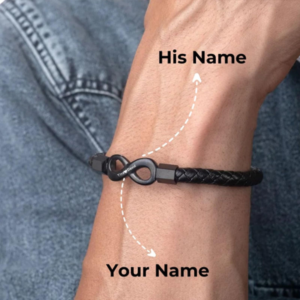 ziella To My Man,Personalized Dual Name Infinity Leather Bracelet,Personalized Custom Name Stainless Steel Bracelet Valentine Birthday Gifts for Him (L (Large), 9-inch)