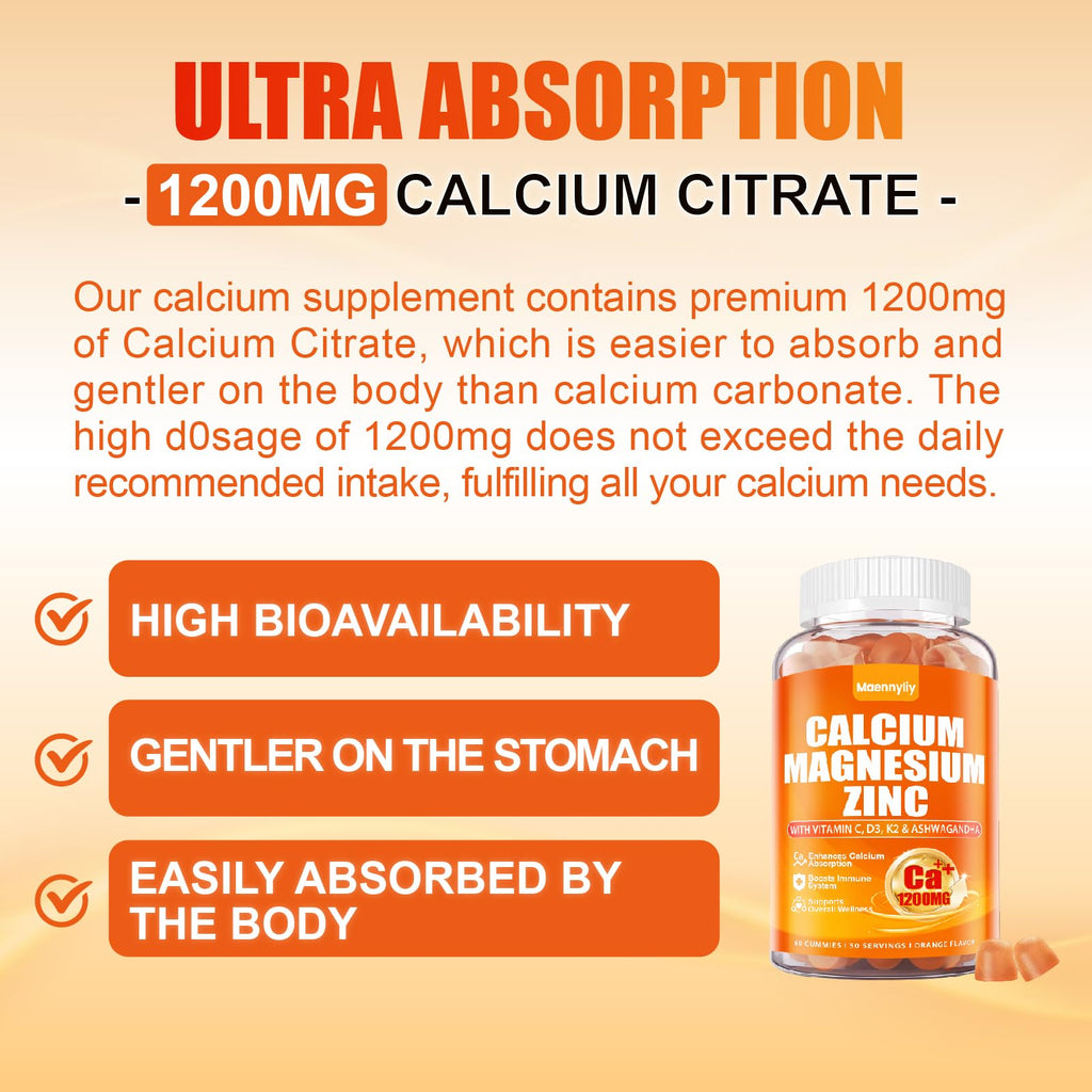 Calcium 1200 mg with Vitamin D3 Gummies for Adults - Calcium Citrate with Vitamin D3 K2, Magnesium, Zinc, Boron, Copper and Ashwagandha - Extra Absorption Calcium Supplement for Women Men