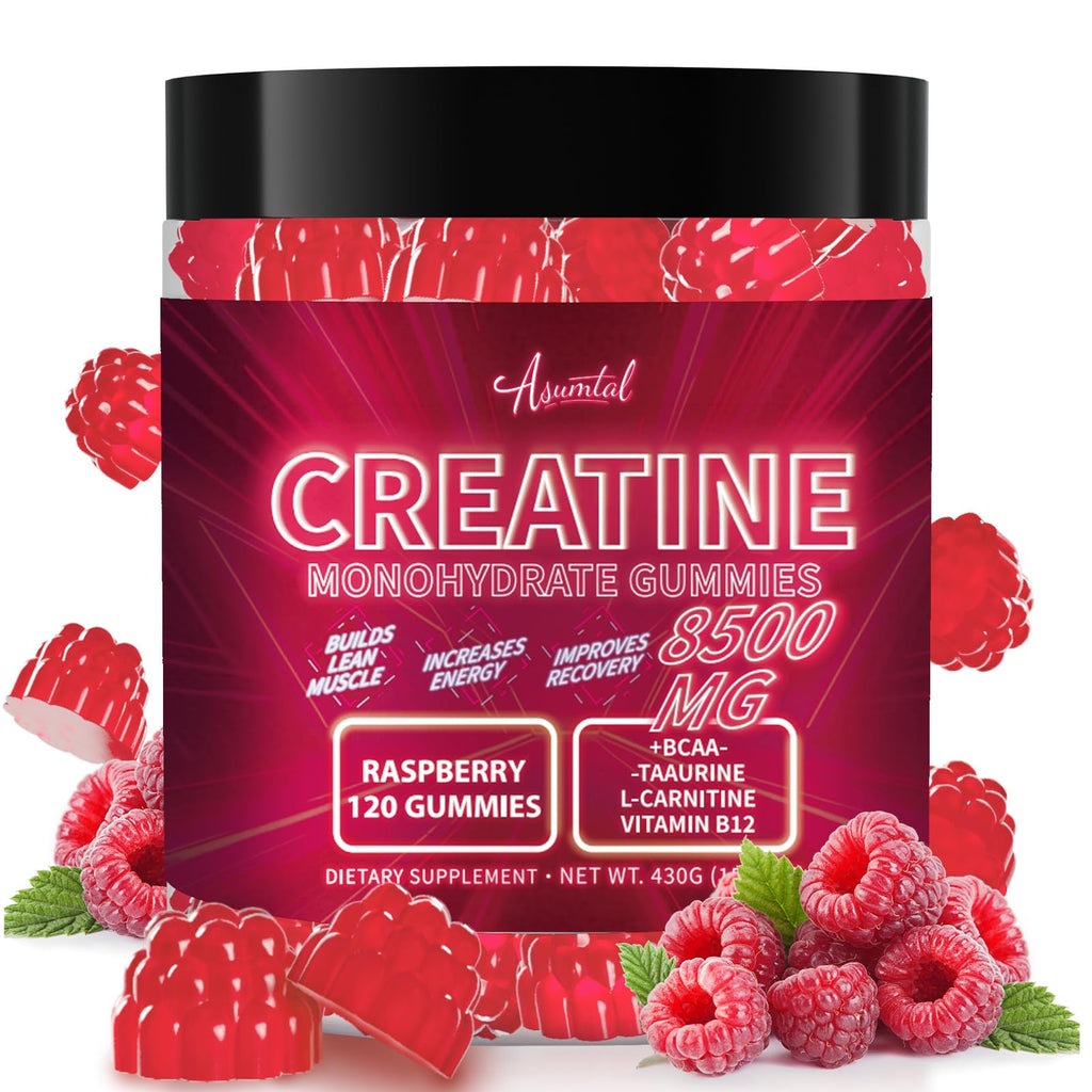 Asumtal Creatine Monohydrate Gummies Complex 8500 MG for Men & Women, Creatine Monohydrate Supplement for Muscle Growth, Strength & Energy Support, Pre Workout Gummies 120 Count Raspberry Flavor