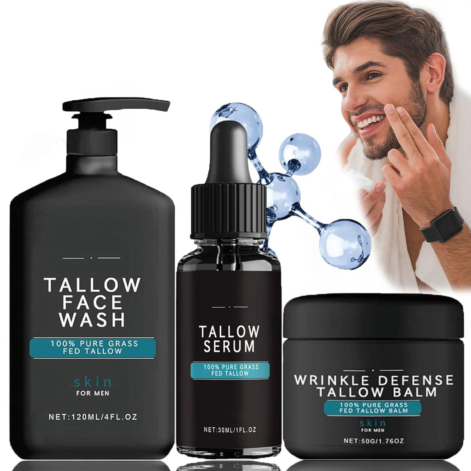Tallow Skin Care for Men - Wrinkle Defense Tallow Balm, Tallow Face Moisturizer, Natural Tallow Men's Face Wash, Beef Tallow for Skin Face Moisturizer, Anti-Wrinkle Night Serum (1 Set)