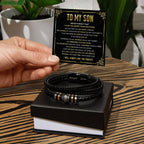 Mapileng To My Son Bracelet – Love You Forever Braided Leather Bracelet from Father and Mother, Meaningful Men’s Gift with Heartfelt Message & Elegant Box for Birthday, Graduation, Christmas