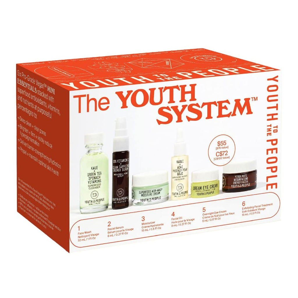 Youth To The People Youth System Set - 6-Piece Superfood Discovery Skincare Giftset, Travel Cleanser, Dewy Face Oil, Hydrating Moisturizer, Brightening Serum, Exfoliating Facial Mask, and Eye Cream