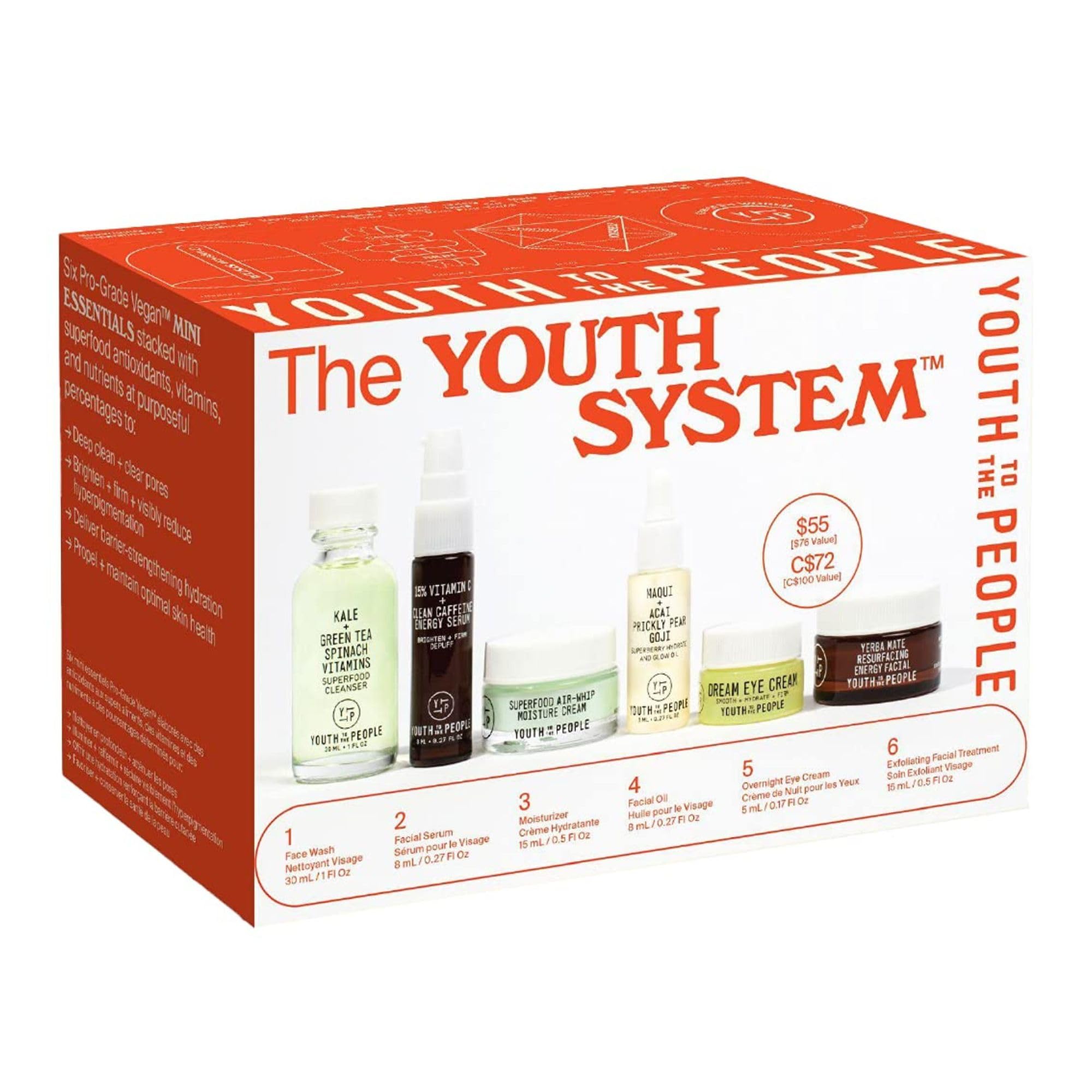 Youth To The People Youth System Set - 6-Piece Superfood Discovery Skincare Giftset, Travel Cleanser, Dewy Face Oil, Hydrating Moisturizer, Brightening Serum, Exfoliating Facial Mask, and Eye Cream