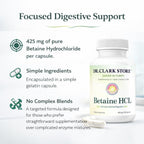 Dr. Clark Betaine HCL Digestive Enzymes - Acid Reflux Medicine, Hydrochloric Acid Protein Supplement, Optimal Digestion Formula, 100 Gelatin Capsules, 425 mg