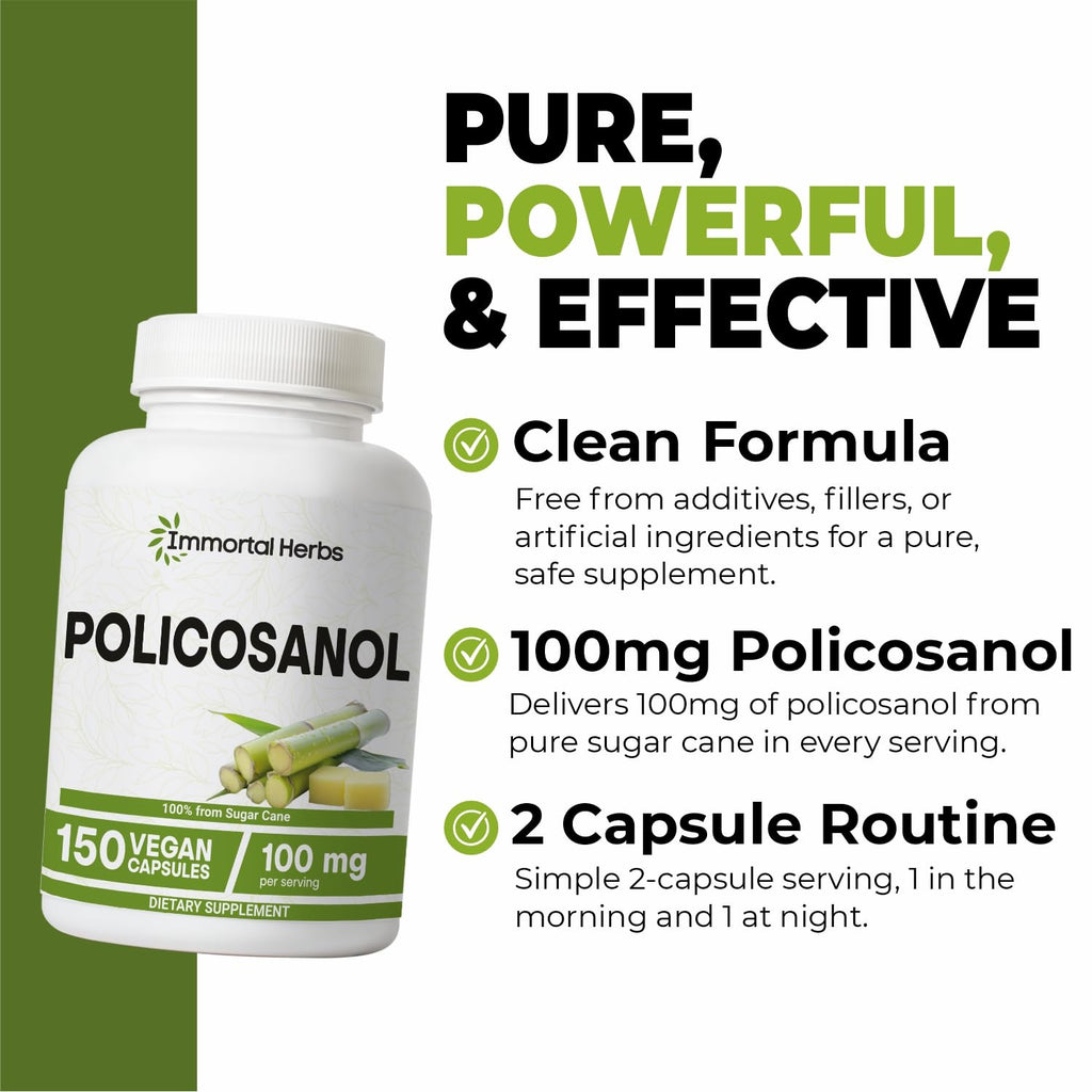 Immortal Herbs Policosanol 100mg Capsules, Derived from Sugar Cane, 150 Pills, Non-GMO and Gluten-Free Policosanol Supplement for Women and Men