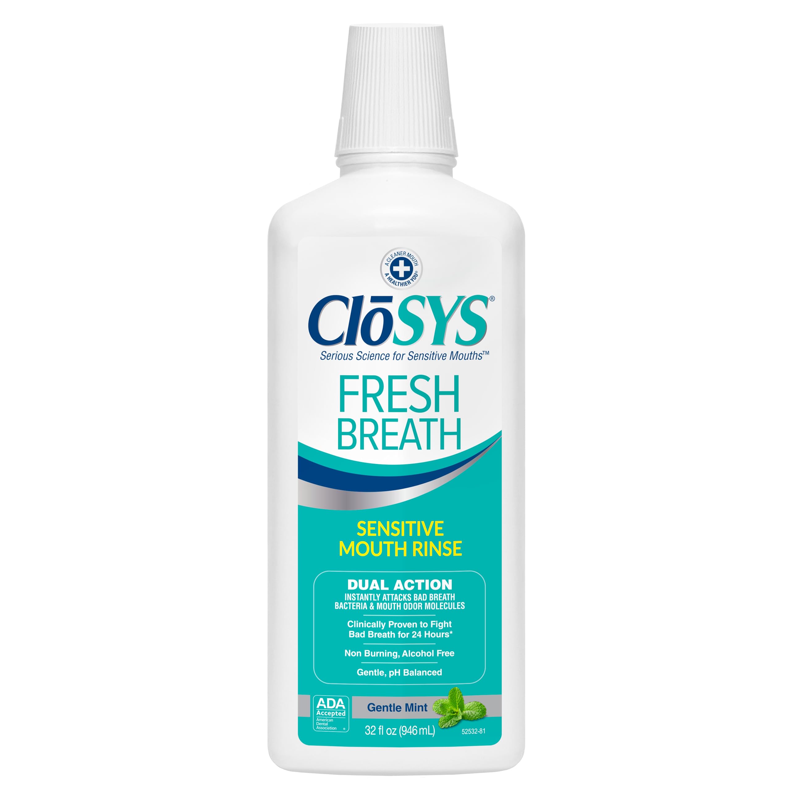 CloSYS Mouthwash, 32 Ounce, Fresh Breath Mouthwash, Gentle Mint, Alcohol Free, Dye Free, pH Balanced Mouth Wash, Helps Soothe Entire Mouth, Fights Bad Breath (Pack of 12)