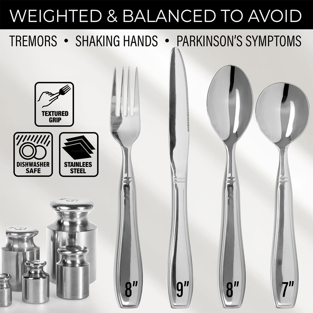 Weighted Utensils for Hand Tremors and Parkinson's Patients - 4 Piece Set Weighted Silverware for Elderly, Arthritis, Weak Hand Grip - Convenient Travel Bag, Stainless Steel, 7 Oz