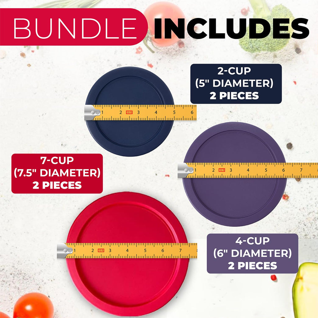 Replacement Lids for Pyrex Containers Round Glass Food Plastic - (2) 2-Cup Navy, (2) 4-Cup Purple, (2) 7-Cup Dark Red- BPA-Free, Dishwasher & Microwave Safe