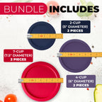 Replacement Lids for Pyrex Containers Round Glass Food Plastic - (2) 2-Cup Navy, (2) 4-Cup Purple, (2) 7-Cup Dark Red- BPA-Free, Dishwasher & Microwave Safe