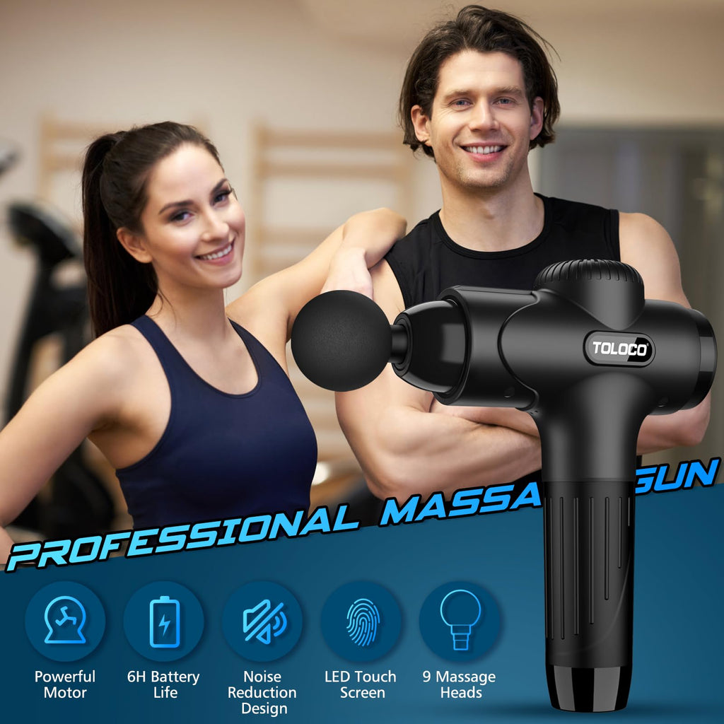 TOLOCO Massage Gun Deep Tissue, Percussion Massage Gun with 10 Replacement Heads, Super Quiet Portable Electric Massager for Athletes, Relax, Fathers Day Dad Gifts, Black
