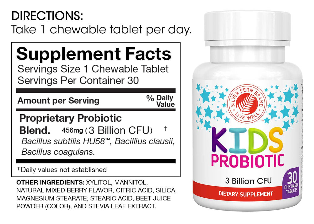 Silver Fern Brand Kids Ultimate Probiotic - 1 Bottle - 30 Chewable Tablets - Sugar & Gluten Free - Children's Dietary Supplement - DNA & Survivability Verified - Digestive & Immune Support