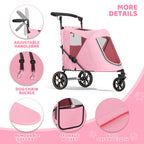 Magshion Pet Stroller for Medium Dogs w/Adjustable Handle, 3-Wheel Dog Cat Wagon w/Dual Entry, Rear Storage, Breathable Mesh, One-Foot Brake, Ideal for Large Pets up to 55 lbs, Pink