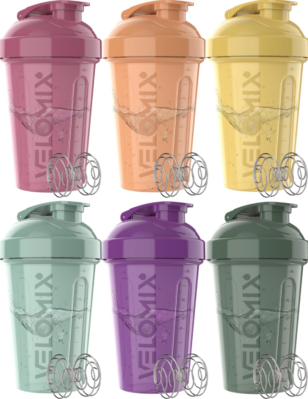 VELOMIX -6 PACK- 20 oz Protein Shaker Bottle for Protein Mixes - 6x Wire Whisk | Leak Proof Shaker Cups for Protein Shakes | Stackable Protein Shaker Bottle Pack | Dishwasher Safe (Nature Tones)
