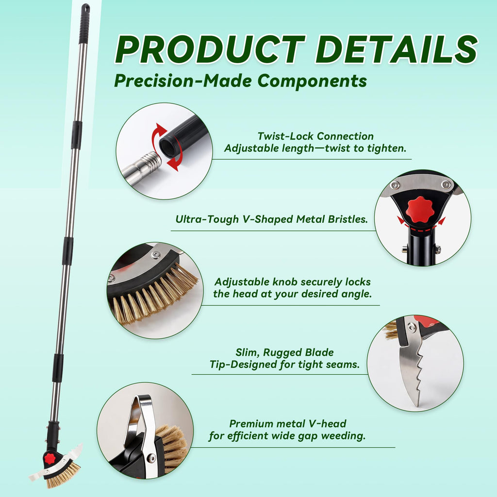 Tdrynl 3-in-1 Heavy Duty Crack Weeder Tool, 59" Adjustable Long Handle, Stainless Steel Crevice Weed Puller and Moss Remover for Driveway, Patio, Sidewalk, Pavers and Deck Cracks