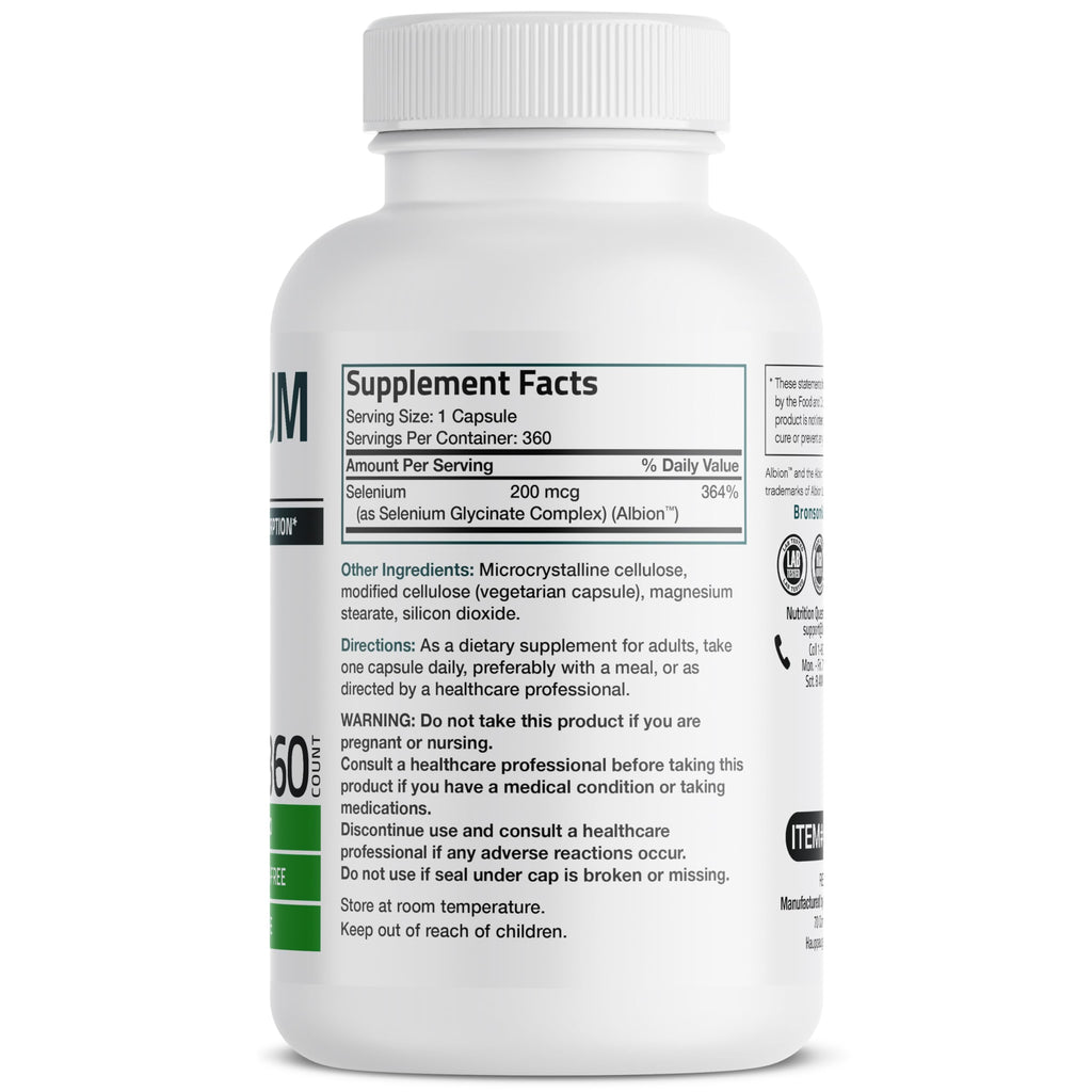 Bronson Selenium 200 mcg – Yeast Free Chelated Amino Acid Complex - Essential Trace Mineral with Superior Absorption, 360 Vegetarian Capsules