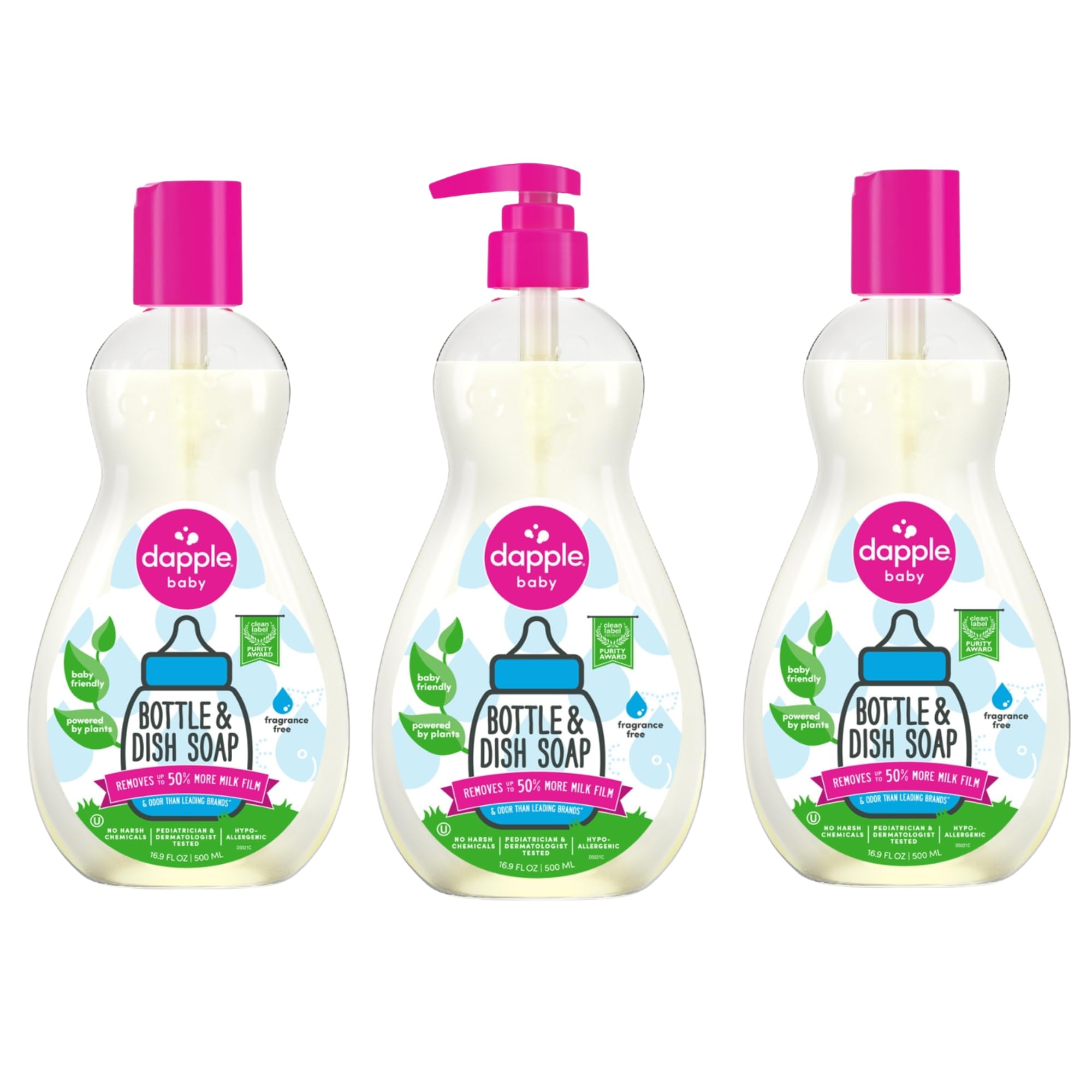 Dapple Baby Fragrance Free Bottle & Dish Soap - (3 Pack) 16.9 fl oz - Cleans Baby Bottles, Sippy Cups, Pacifiers, Breast Pumps, & More - Gently Removes Milk Film & Odors - Includes 1 Pump