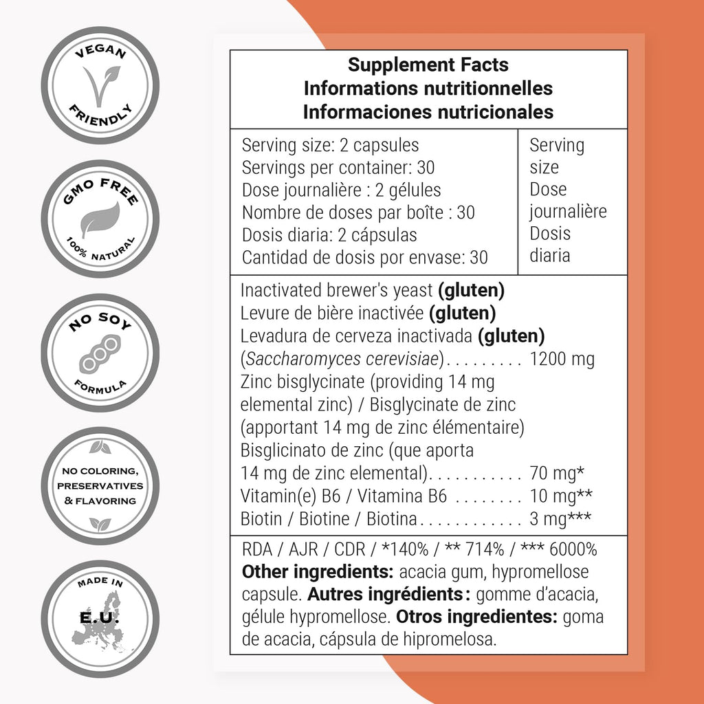 SuperSmart - Brewer's Yeast Hair Boost (Advanced Formula) - with Saccharomyces Cerevisiae, Zinc, Biotin - Hair Supplement | Non-GMO - 60 Vegetarian Capsules