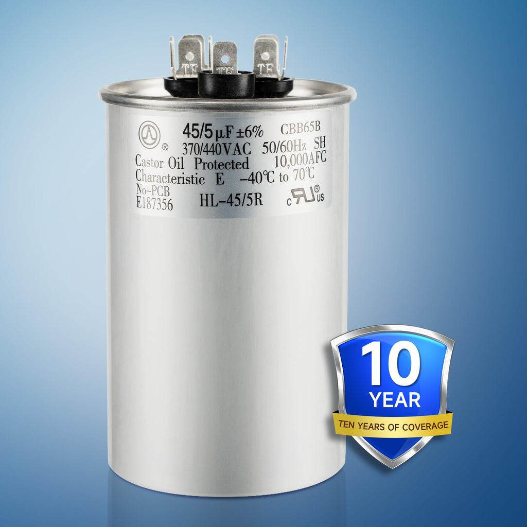 QYCKFIXR AC Capacitor 45+5 uF 45/5 MFD ±6% 370V/440VAC CBB65 Dual Run Circular Start Capacitor for Heat Pump Air Conditioner，Ten Years of Coverage