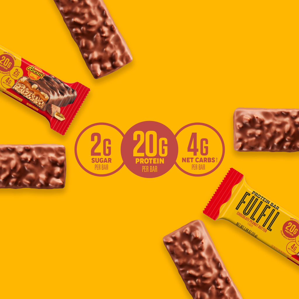 FULFIL Chocolate Peanut Butter Flavored Protein Bar Made with REESE's Peanut Butter, Gluten Free with 20g Protein, Pantry Staples, 12 Count