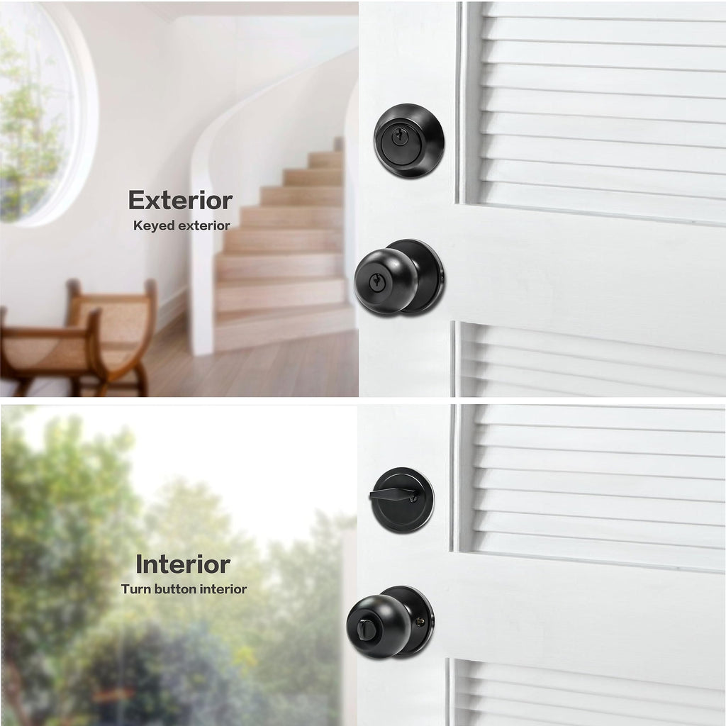 Exterior Door Lock Set with Deadbolt, Single Cylinder Deadbolt Lock and Door Knob Set, Keyed Alike Door Locks for Front Door,Matte Black Door Knob and Deadbolt Set(2Pack Set)