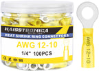 haisstronica 100PCS Heat Shrink Ring Terminals 1/4" Marine Grade Wire Connectors Yellow AWG 12-10 Gauge, Tinned Red Copper 1mm Resistant Ring Connectors, Brazed-Seam Insulated Electrical Crimp