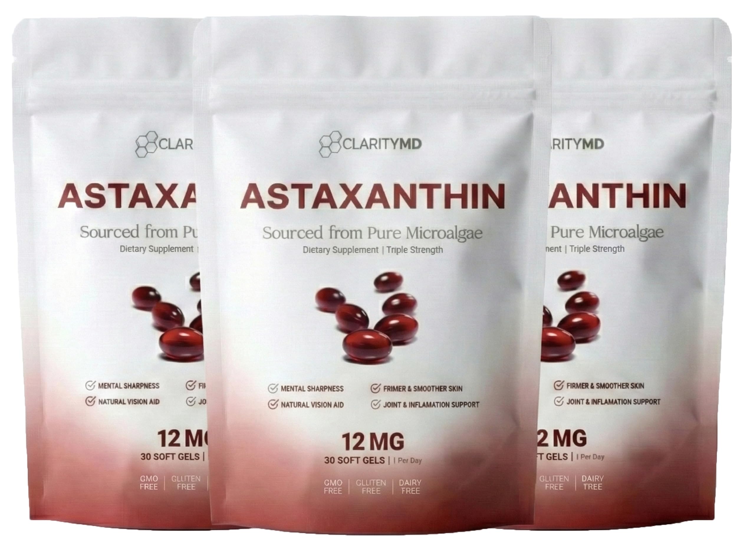 ClarityMD Astaxanthin 12mg Antioxidants Supplement – Natural Microalgae Source – Lipid-Based Softgel for Enhanced Absorption – Cognitive, Vision & Joint Support – 30 Softgels (Pack of 3)