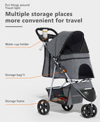 OS MOTOR Pet Stroller with 3 Wheels for Small/Medium Pets, Portable Travel Foldable Carrier Jogger for Dog Cat Puppy Kitty, Rear Wheel Breaks, Storage Basket, Visible Mesh with Weather Cover (Gray)