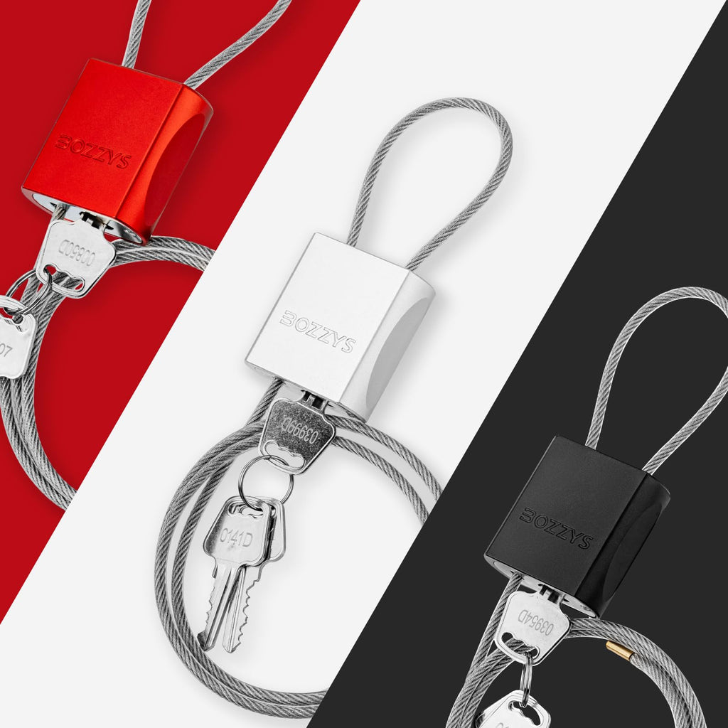 BOZZYS Cable Padlock with 3 Keys | L 1.15ft(0.35m),D 1/6in(4mm) Adjustable Steel Cable Lock | Aluminum Locks for Bikes, Gate, Lockers & Outdoor Gear | Weatherproof & Red