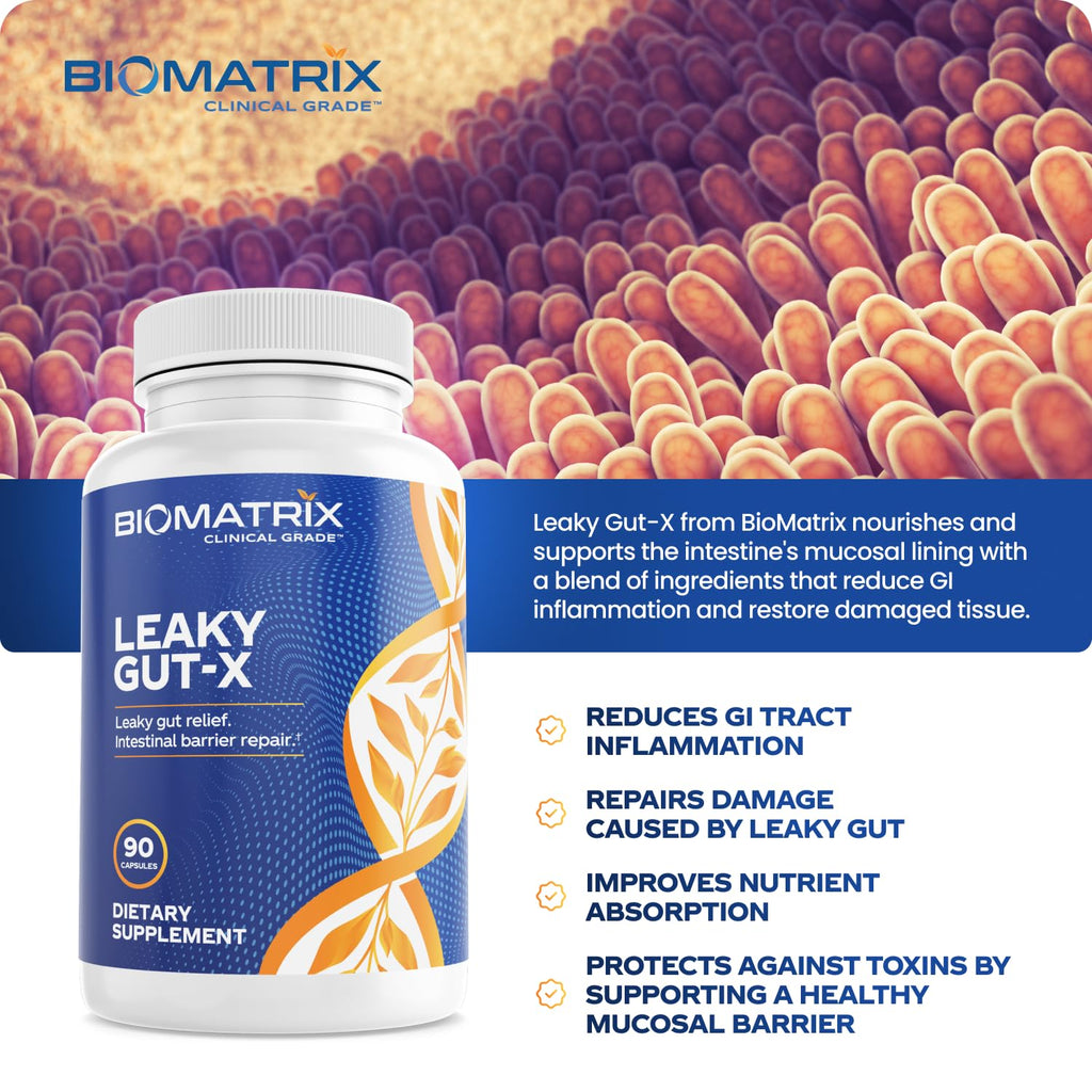 BioMatrix Leaky Gut Repair Supplement w/Glutamine, Quercetin, Cat's Claw, MSM, SIBO, Prebiotic Support, Intestinal Barrier Revive for Men and Women | 60-Day Supply – Leaky Gut-X