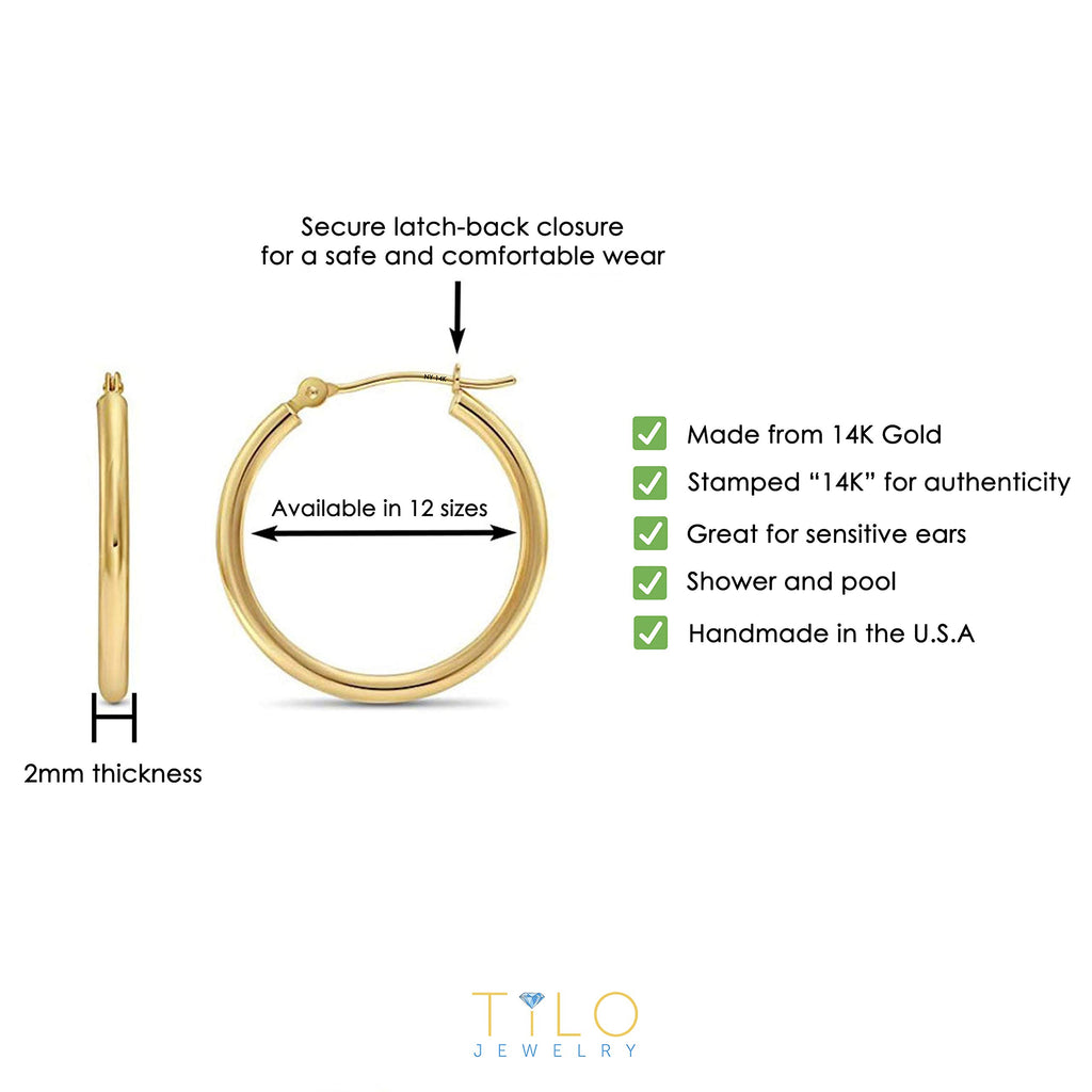 14k Yellow Gold Classic Shiny Polished Round Hoop Earrings, 2mm Tube 13mm