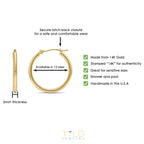 14k Yellow Gold Classic Shiny Polished Round Hoop Earrings, 2mm Tube 13mm