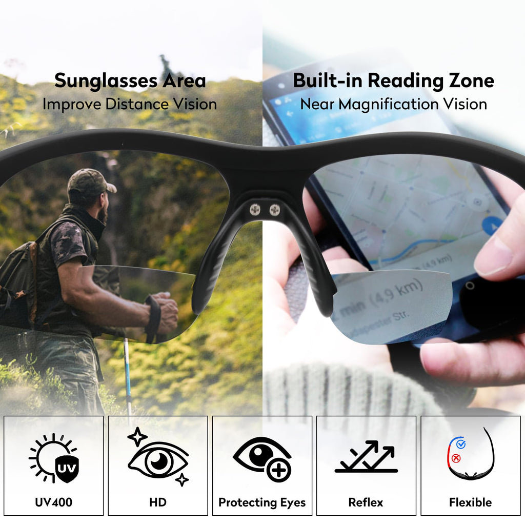 SKYOLUY Attractive Bifocal Reading Sunglasses for Men, Durable TR90 Semi Rimless Wrap Around Design Sun Readers, UV400 Near-Far Sun Glass Built in Outdoor Sports/Driving/Finshing Dark Glasses, +2.5