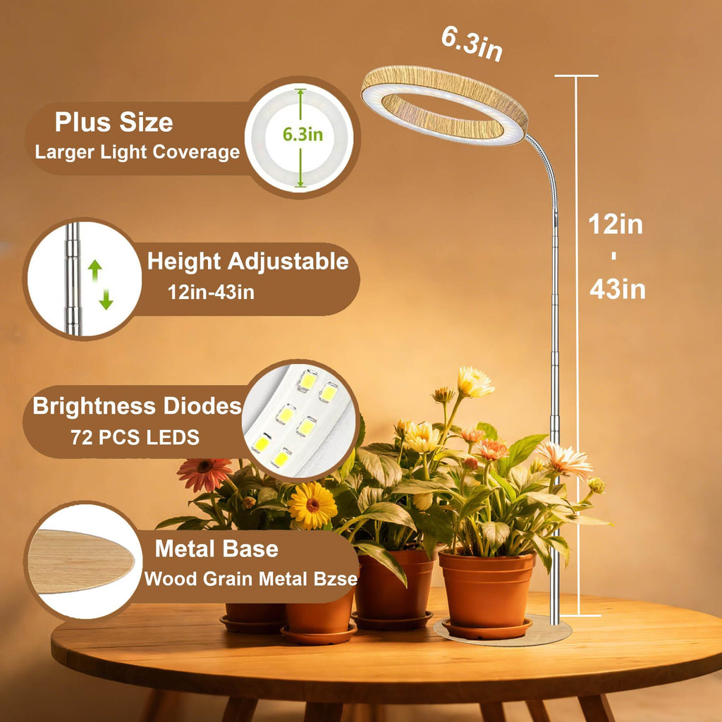 Grow Lights for Indoor Plants Full Spectrum, Desk LED Plant Light with Faux Wood Grain, 12"-43" Height Adjustable, Auto On/Off Timer 3/9/12H, 3 Modes 10 Dimmable Levels for Succulents, Herbs