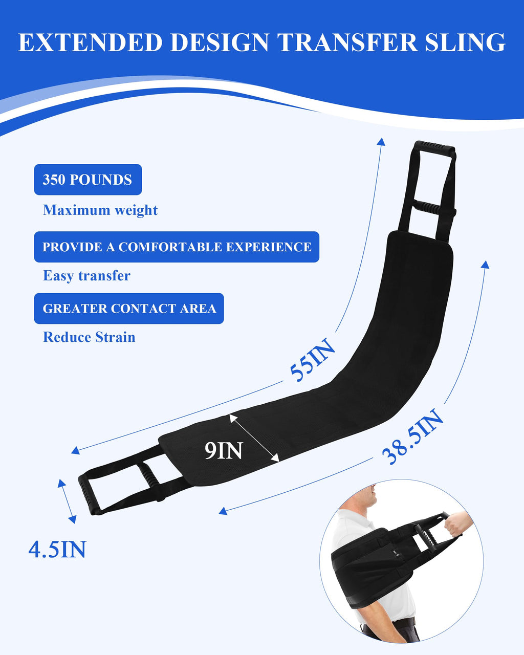 SPRING SEAON Transfer Sling - Essential Transfer Belt Lifting Strap for Elderly and Disabled with Mobility Aids- Lift Assist Gait Belts for Seniors for Home, Hospital, Nursing Care (Black)