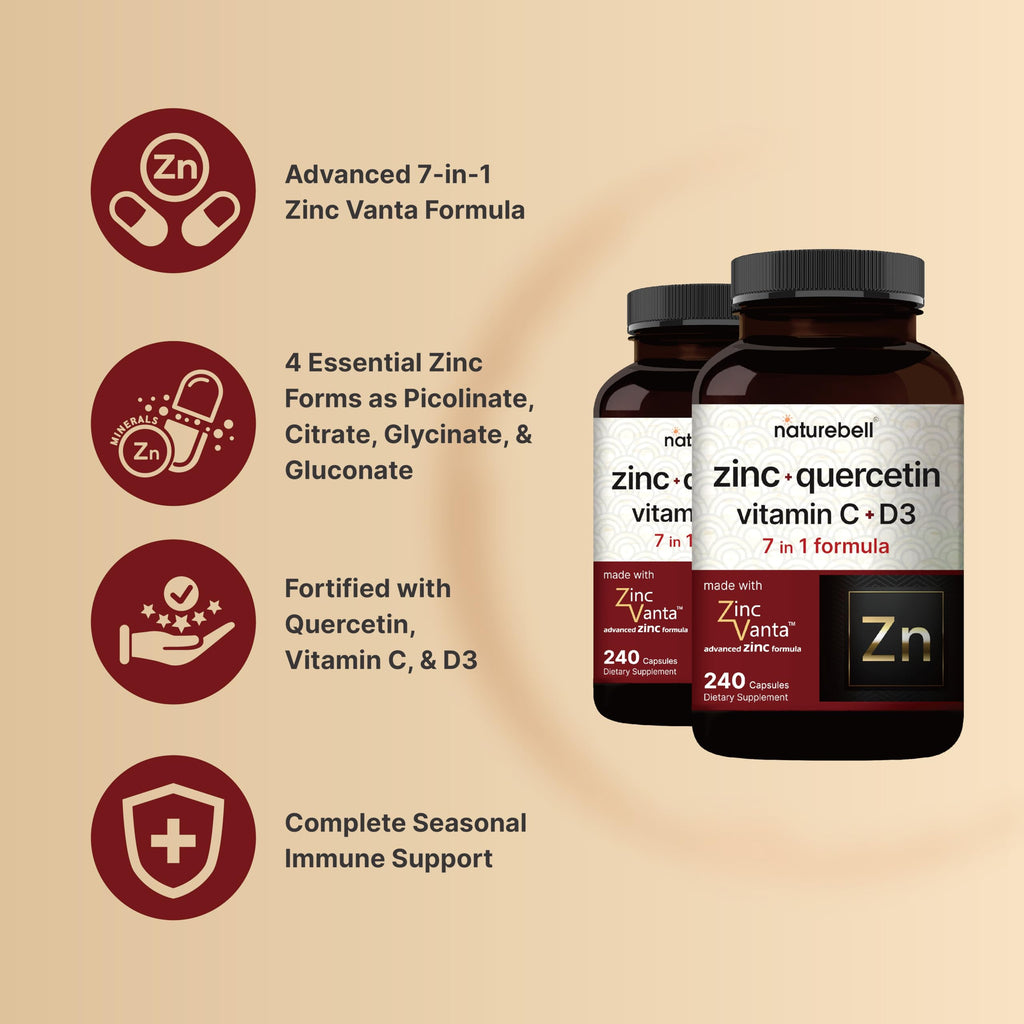 NatureBell Zinc Quercetin with Vitamin C & D3, 480 Capsules (2 Pack) | Quercetin 1,000mg + Zinc 50mg + Vitamin C 250mg + Vitamin D3 5,000 IU | 4-in-1 Advanced Immune & Lung Support | ZincVanta Formula