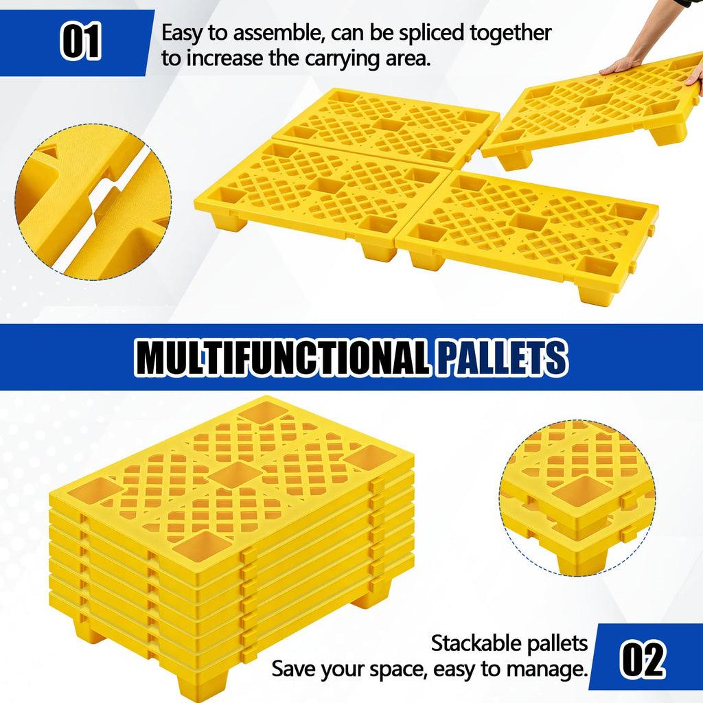 Singhoow 4 Pcs Plastic Pallets for Basement Storage Nestable Moisture Waterproof Lightweight Floor Pallets with Breathable Grid for Indoor Outdoor Supermarket Warehouse (23.6 x 15.8 x 3.9 Inch,Yellow)