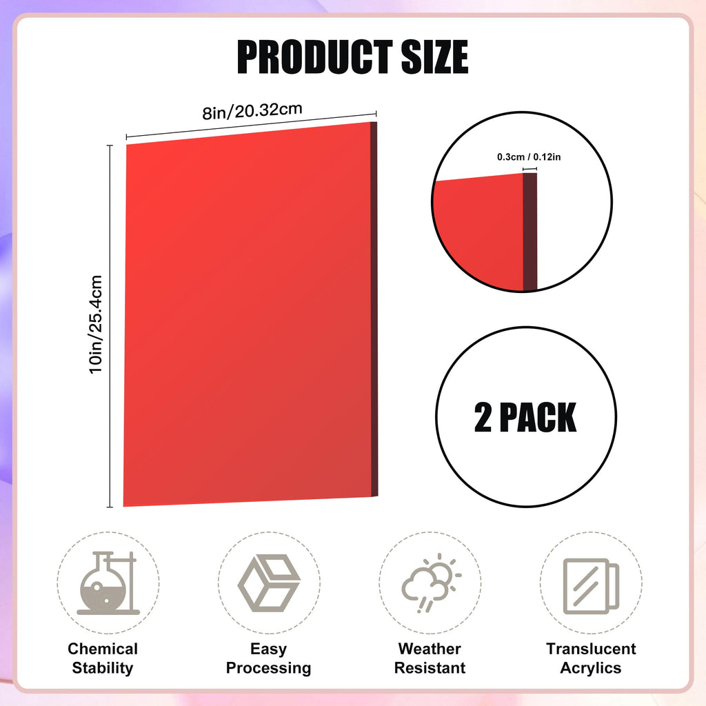 Lesnlok Red Acrylic Sheets 1/8 inch Thick 3mm 2 Pack 8 x 10 Clear Plexiglass Sheets,for Sign,Craft,Painting,Laser Cutting,DIY Display Projects… (8"x 10", Red, 2)