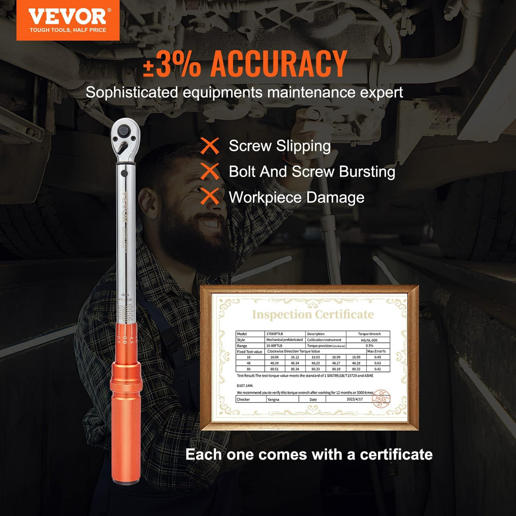 VEVOR 3/8-inch Drive Click Torque Wrench 10-80ft.lb/14-110n.m, Dual-Direction Adjustable Torque Wrench Set with Mechanical Dual Range Scales and Adapters Extension Rod