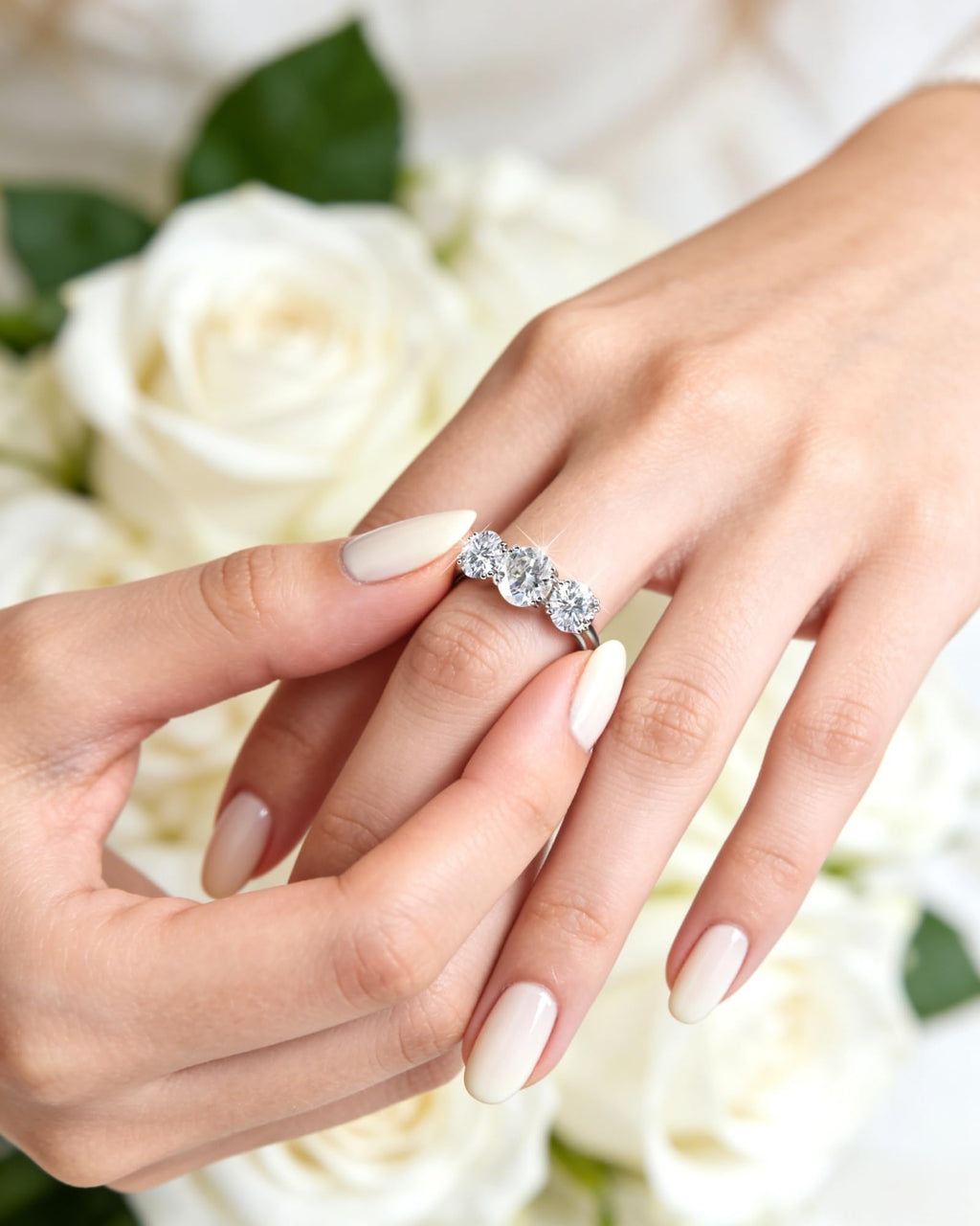 4 Carat Moissanite Rings for Women, Three Stone Moissanite Engagement Ring 14K White Gold Plated Promise Ring for Her, Round Brilliant Cut Anniversary Wedding Ring Trilogy Jewelry, D Color VVS1 (Silver, 6)