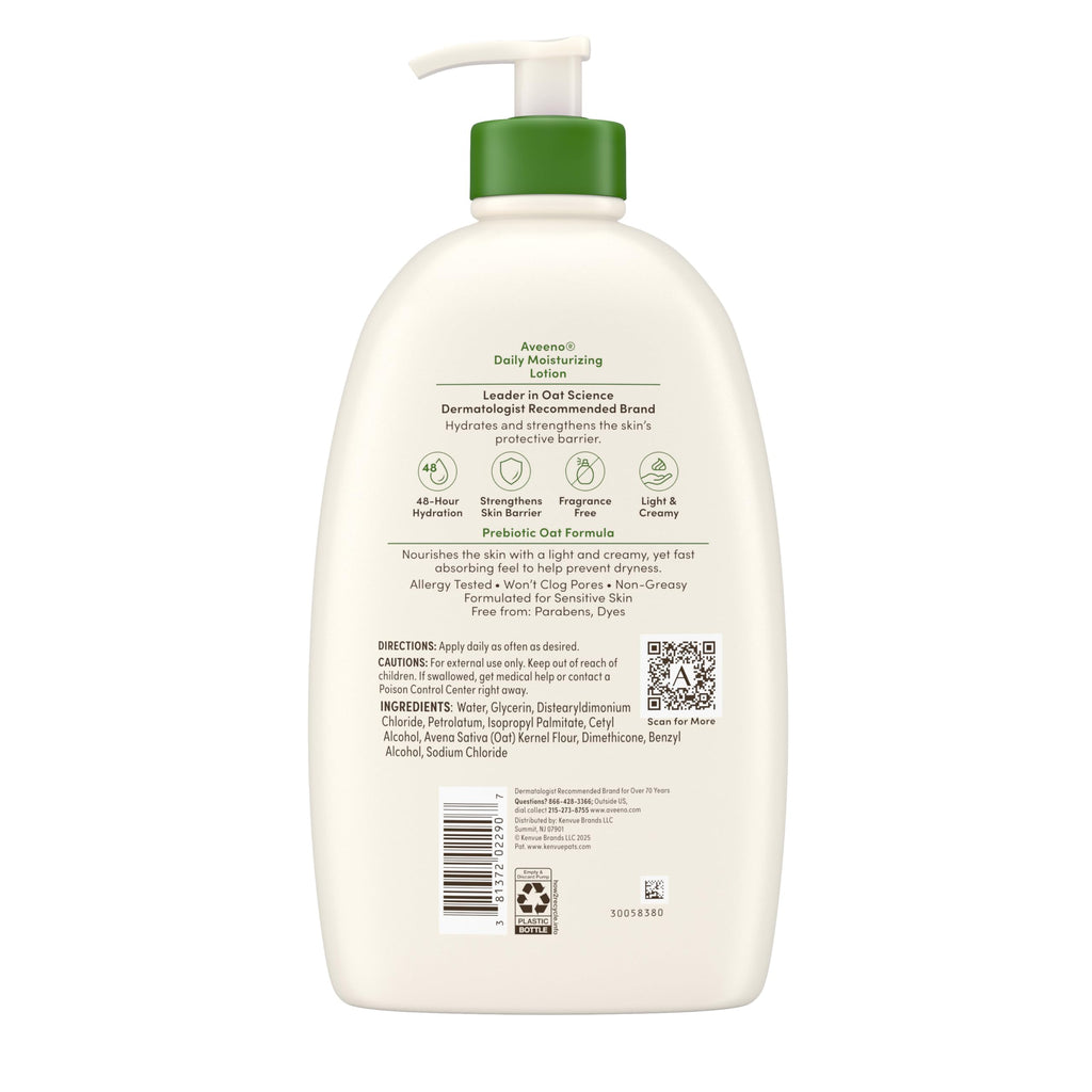 Aveeno Daily Moisturizing Body Lotion, Fragrance-Free Light & Creamy Lotion for Dry, Sensitive Skin With Prebiotic Oat Nourishes & Strengthens Skin's Moisture Barrier, Value Size, 33 fl oz