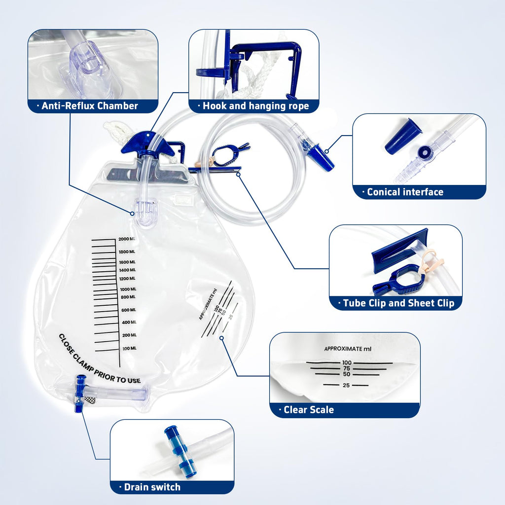 Carbou 2000ml Urine Drainage Bags, 6 Pcs Catheter Bags with Anti-Reflux Chamber - 48" Drainage Tube with Clamp & Hook, Quick-Release Drain Port